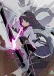  absurdres aiming akemi_homura arrow black_hair blue_eyes bow_(weapon) hair_ribbon highres kyubey long_hair magical_girl mahou_shoujo_madoka_magica nanaya_(daaijianglin) pantyhose purple_eyes ribbon skirt weapon 