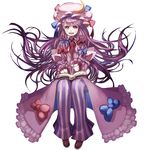 bad_id bad_pixiv_id book bow crescent dress floating grin hair_bow hat highres kansou_samehada long_hair open_mouth pants patchouli_knowledge purple_eyes purple_hair smile solo sparkle touhou 