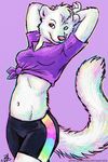  female iridescent kanja midriff mink oce pinup portrait pose purple rainbow raised_arm shorts slinky solo stretchy tied_shirt whiskers white 