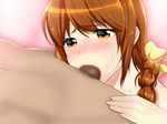  1girl blush braid brown_hair cadog censored dark_penis dead_or_alive fellatio hair_ribbon kasumi kasumi_(doa) kunoichi long_hair lying ninja nude oral orange_eyes orange_hair penis ribbon simple_background sweat tecmo 