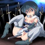  blood blue_eyes blue_hair blush bob_cut boots breasts cape elbow_gloves gloves guro hair_ornament hairclip knife mahou_shoujo_madoka_magica midriff miki_sayaka object_insertion pussy shirt_pull short_hair sitting small_breasts solo sword thighhighs wancozow weapon 