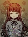  alternate_hairstyle bad_id bad_pixiv_id blush bouquet brown_hair closed_eyes daisy flower hair_down idolmaster idolmaster_(classic) long_hair orange_flower orange_rose pink_flower pink_rose red_flower red_rose rose smile solo takatsuki_yayoi totokichi white_flower white_rose 