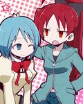  blue_eyes blue_hair bow casual fang hair_bow long_hair mahou_shoujo_madoka_magica miki_sayaka mitakihara_school_uniform multiple_girls nao_(necomugi) ponytail red_eyes red_hair sakura_kyouko school_uniform short_hair 