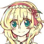  alice_margatroid blonde_hair blush closed_mouth face flower green_eyes hair_flower hair_ornament hairband happy lowres portrait rl short_hair smile solo touhou 