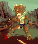  armor blood bulge combat cub fang feline lion male shield sword warrior weapon 