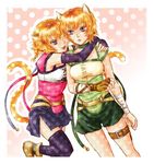  2girls animal_ears belt blue_eyes braid breasts cat_ears cat_eyes cat_tail catgirl choker elbow_gloves fang fingerless_gloves fire_emblem fire_emblem:_akatsuki_no_megami fire_emblem_radiant_dawn gloves hand_on_shoulder happy hug incest laguz laguz_(race) lethe lips lyre_(fire_emblem) multiple_girls one_eye_closed open_mouth orange_hair purple_eyes see-through shoes short_hair siblings side_slit single_glove sisters slit_pupils smile tail thighhighs twincest twins wink yuri 