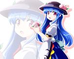  blue_hair food fruit hat hinanawi_tenshi holding holding_food holding_fruit long_hair open_mouth peach pink_eyes solo touhou tsubasa_(abchipika) zoom_layer 