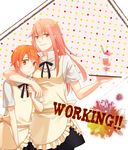  1girl akinatsu apron couple food hand_on_shoulder hetero inami_mahiru orange_eyes orange_hair otoko_no_ko short_hair takanashi_kotori takanashi_souta tray waitress working!! 