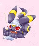  ambiguous_gender eeveelution japanese_text kintora nintendo open_mouth pink_eyes pok&#233;mon pok&eacute;mon red_eyes solo tail teeth text translated umbreon underwear video_games 