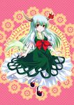  breasts cleavage dress ex-keine green_dress green_hair horn_ribbon horns kamishirasawa_keine long_hair medium_breasts ogakuru red_eyes ribbon smile solo tail touhou 