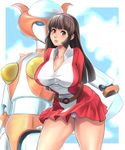  70s aphrodai_a blush breasts brown_hair collarbone dress hairband hero_(do-belman) jpeg_artifacts large_breasts leaning_forward legs long_hair mazinger_z mecha oldschool panties pantyshot shirt smile super_robot taut_clothes taut_shirt thighs underwear white_panties yumi_sayaka 