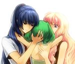  2girls bad_id bad_pixiv_id bare_shoulders blue_eyes blue_hair brown_eyes from_behind green_hair hand_on_another's_head hand_on_back hug long_hair macross macross_frontier multiple_girls nanamura pink_hair ponytail ranka_lee saotome_alto sheryl_nome short_hair simple_background 