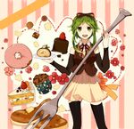 bow cake checkerboard_cookie cookie doughnut food fork fruit green_eyes green_hair gumi hair_bow holding holding_fork oversized_object pancake short_hair skirt slice_of_cake smile solo strawberry swiss_roll thighhighs tomoyami vocaloid zettai_ryouiki 