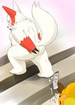  anthro balls blush butt cellphone chubby claws fur fur_markings kemono looking_back male mammal manya mongoose moobs mouse nintendo nude phone pixiv pok&#233;mon pokemon raichu rodent video_games white_fur zangoose 