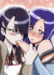  2girls blue_eyes blue_hair blush eyelashes glasses heartcatch_precure! kurumi_momoka multiple_girls myoudou_gakuen_high_school_uniform precure purple_hair school_uniform tsukikage_yuri yuri 