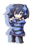  black_hair blue_eyes danball_senki hair_ribbon mikage_mika reku ribbon shirt solo striped striped_shirt twintails 