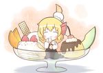  :3 :t ^_^ bad_id bad_pixiv_id blonde_hair blush cake cherry chibi closed_eyes cupcake dessert eating food fruit hair_ribbon ice_cream in_food melon minigirl orange pudding ribbon rumia short_hair solo south114 strawberry touhou 