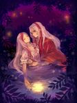  1girl artemisia blurry brother_and_sister closed_eyes depth_of_field eleuseus highres holding hug leaf long_hair mikebosi moira multicolored_hair pink_hair siblings sound_horizon twins wading water white_hair 