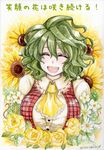  :d ascot breasts closed_eyes flower green_hair kazami_yuuka large_breasts nature open_mouth plaid plaid_vest rose sakurai_haruto smile solo sunflower touhou traditional_media translated upper_body vest yellow_flower yellow_rose 