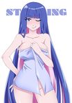  1girl ;p artist_request blue_eyes blue_hair blush breasts character_name cleavage cowboy_shot gluteal_fold hand_on_hip large_breasts mound_of_venus multicolored_hair naked_towel one_eye_closed panty_&amp;_stocking_with_garterbelt pink_hair simple_background smile solo stocking_(character) stocking_(psg) thighs tongue tongue_out towel white_background wink 