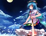  bad_id bad_pixiv_id blue_hair bow cloud dress food fruit hands_on_hilt hat highres hinanawi_tenshi large_bow long_hair looking_at_viewer momoko_(momopoco) moon night night_sky peach petals red_eyes sky solo standing sword sword_of_hisou touhou weapon 