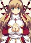  bangs blonde_hair cross green_eyes high_priest long_hair praying ragnarok_online ribbon solo xration 