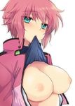  alternate_hairstyle blue_eyes breasts celestial_being_uniform feldt_grace gundam gundam_00 highres jacket large_breasts mouth_hold nipples open_clothes pink_hair plum_(arch) short_hair uniform upper_body 