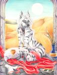  chalice collar cup desert female goblet high_priestess kneeling nude piercing priest shinigamigirl silks solo striped_hyena 