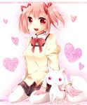  :3 bow hair_bow hair_ribbon hazuki_(sutasuta) heart highres kaname_madoka kyubey mahou_shoujo_madoka_magica mitakihara_school_uniform open_mouth pink_eyes pink_hair ribbon school_uniform short_hair short_twintails sitting skirt smile thighhighs twintails wariza white_legwear 