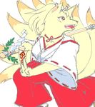  canine female fox g-sun hair japanese_clothing kitsune miko multiple_tails ninetales pok&eacute;mon pok&eacute;morph red_eyes short_hair short_white_hair solo standing tail white white_hair 