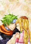  1girl ahoge aura_(wild_arms) blonde_hair couple fang flower gloves green_hair hair_ornament hairpin hand_on_another's_head headband hetero kei_(inu_no_ura) long_hair messy_hair scarf short_hair sidelocks smile wild_arms wild_arms_1 yellow_eyes zed 