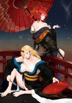  alcohol bad_id bad_pixiv_id bare_shoulders barefoot blonde_hair breasts cleavage cup hair_bobbles hair_ornament horn hoshiguma_yuugi japanese_clothes kanzashi kimono kiseru kodama_(wa-ka-me) large_breasts long_hair multiple_girls obi off_shoulder onozuka_komachi pipe red_eyes red_hair sakazuki sake sash short_hair touhou two_side_up yuujo 