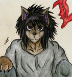  black_hair canine claws death_note frown grey_background hair l l_lawliet male mammal plain_background purple_eyes sad solo unknown_artist wolf 