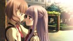  brown_eyes brown_hair from_side game_cg hair_ornament hatsukoi_sacrament kasugai_iroha long_hair looking_at_another mikazukimo multiple_girls necktie purple_eyes satsuki_toto short_hair silver_hair window yazaki_hoshimi yuri 