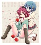  apple bad_id bad_pixiv_id blue_eyes blue_hair boots bow brown_eyes denim denim_shorts food fruit hair_bow hair_ornament hairclip highres hiroichi holding holding_food holding_fruit knee_boots kneehighs loafers long_hair mahou_shoujo_madoka_magica miki_sayaka mitakihara_school_uniform multiple_girls off_shoulder plaid ponytail puffy_sleeves red_hair sakura_kyouko school_uniform shoes short_hair shorts skirt spread_legs 