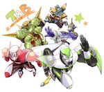  antonio_lopez armor barnaby_brooks_jr boots epaulettes geta helmet horns ivan_karelin kaburagi_t_kotetsu keith_goodman md5_mismatch multiple_boys origami_cyclone power_armor power_suit rock_bison sen_nai shuriken sky_high superhero tabi tiger_&amp;_bunny wild_tiger 