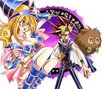  1girl bad_id bad_pixiv_id bare_shoulders blonde_hair blue_eyes blue_footwear blush boots breasts cape choker cleavage copyright_name dark_magician_girl detached_sleeves duel_monster hat jewelry kuriboh large_breasts long_hair millennium_puzzle monster multicolored_hair mutou_yuugi one_eye_closed open_mouth pendant pentacle school_uniform skirt smile staff wand wizard_hat yami_yuugi yuu-gi-ou yuu-gi-ou_duel_monsters 