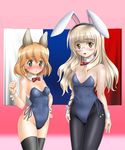  amelie_planchard animal_ears blush brown_hair bunny_ears bunnysuit flag france french_flag glasses green_eyes long_hair multiple_girls mushoku_no_hourousha pantyhose parody perrine_h_clostermann short_hair strike_witches thighhighs world_witches_series yellow_eyes 
