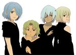  afuro_terumi alternate_hairstyle androgynous bare_shoulders black blue_hair eyepatch green_eyes green_hair hair_over_one_eye inazuma_eleven inazuma_eleven_(series) kazemaru_ichirouta komejiru_tatsunoshin male_focus midorikawa_ryuuji multiple_boys sakuma_jirou short_hair 