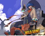  ahoge blue_eyes blue_hair boots cloud coat copyright_name cowboy cowboy_boots day dean_stark fujimoto_hideaki full_body gloves happy male_focus official_art one_eye_closed open_mouth pants scarf sky solo western wild_arms wild_arms_5 windmill 