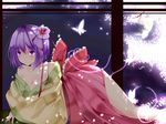  absurdres bad_id bad_pixiv_id bare_shoulders bow breasts bug butterfly cherry_blossoms cleavage fingernails flower full_moon hair_flower hair_ornament hieda_no_akyuu highres insect japanese_clothes large_breasts legs lipstick makeup moon nail_polish night off_shoulder petals purple_eyes purple_hair revision short_hair solo suzuchi1218 touhou undressing 