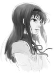  akemi_homura eyes face greyscale hairband highres lips long_hair magical_girl mahou_shoujo_madoka_magica monochrome nagian nose portrait simple_background solo upper_body 