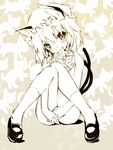  animal_ears blush cat_ears cat_tail chen covering covering_crotch fang hat head_tilt knees_together_feet_apart knees_touching looking_at_viewer mary_janes monochrome mouth_hold multiple_tails naughty_face nekomata nude panties panties_in_mouth saeki_touma shoes side-tie_panties sitting slit_pupils smile solo tail touhou underwear 