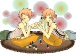  2boys bottle brother brothers hair_ornament hairclip hitachiin_hikaru hitachiin_kaoru male male_focus multiple_boys nail_polish orange_hair ouran_high_school_host_club painting pillow siblings twins 