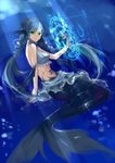  bare_back blue blue_background blue_hair commentary_request fins frills from_side frown green_eyes halter_top halterneck head_fins head_wings hexagram imi_fumei long_hair looking_at_viewer magic magic_circle mermaid midriff monster_girl pixiv_fantasia pixiv_fantasia_5 skirt solo tattoo twintails underwater very_long_hair 