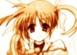  godees hair_ribbon lyrical_nanoha mahou_shoujo_lyrical_nanoha mahou_shoujo_lyrical_nanoha_the_movie_1st monochrome raising_heart ribbon sepia sketch solo takamachi_nanoha traditional_media twintails 