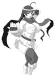  ahoge belt braid breasts character_request cleavage copyright_request fighting_stance fingerless_gloves gloves greaves greyscale hero_(do-belman) large_breasts legs long_hair monochrome scarf simple_background skirt solo thighhighs 