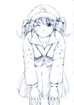  coat hair_bobbles hair_ornament hands kawashiro_nitori monochrome one_eye_closed sketch smile solo touhou two_side_up vent_arbre 