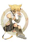  aqua_eyes arm_warmers bad_id bad_pixiv_id blonde_hair detached_sleeves headphones highres kagamine_len kagamine_len_(append) leg_warmers male_focus navel popped_collar shorts sitting solo tankensya vocaloid vocaloid_append 