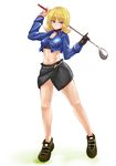  arm_up blonde_hair blue_eyes blush crop_top gloria_(minna_no_golf) gloves golf_club k2isu midriff miniskirt minna_no_golf navel short_hair single_glove skirt solo 